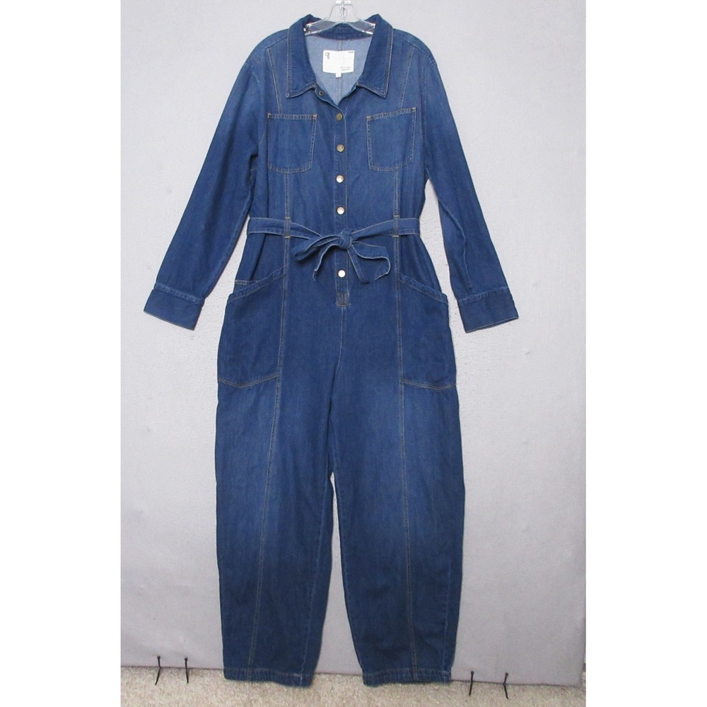 Pilcro Anthropologie Jumpsuit XL Denim Boiler Suit Belted Utility Boho Pockets